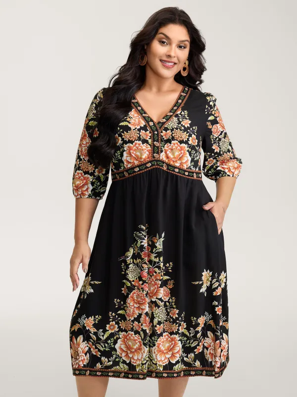 Rayon Floral Print Contrast V-Neck Midi Dress sold by Bloomchic
