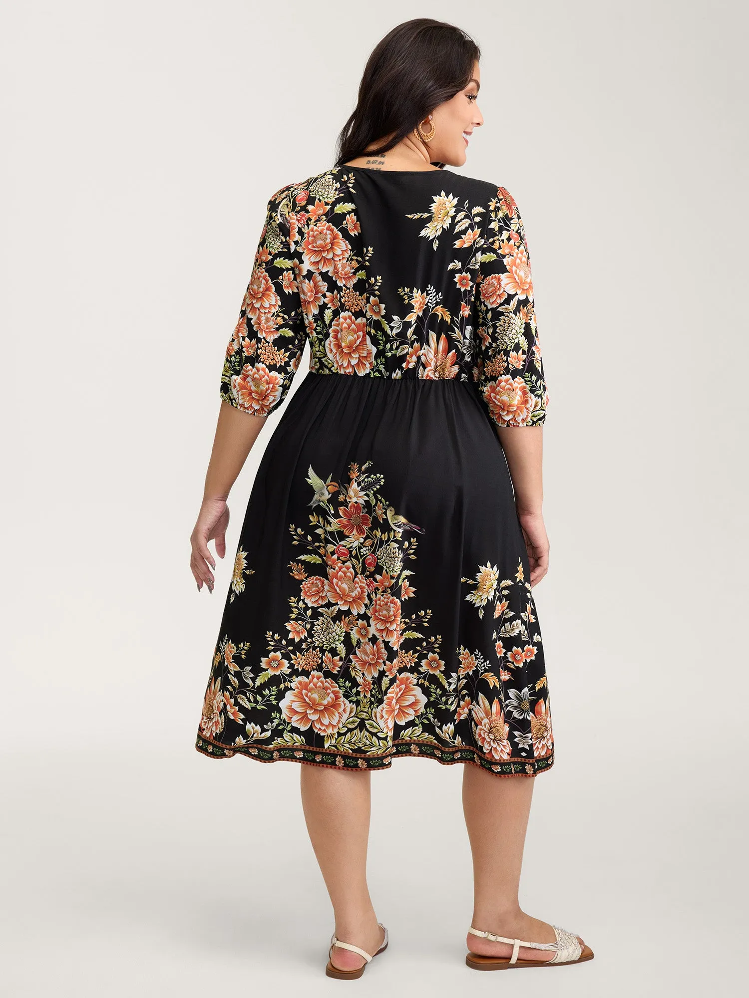 Rayon Floral Print Contrast V-Neck Midi Dress sold by Bloomchic product image thumbnail 4