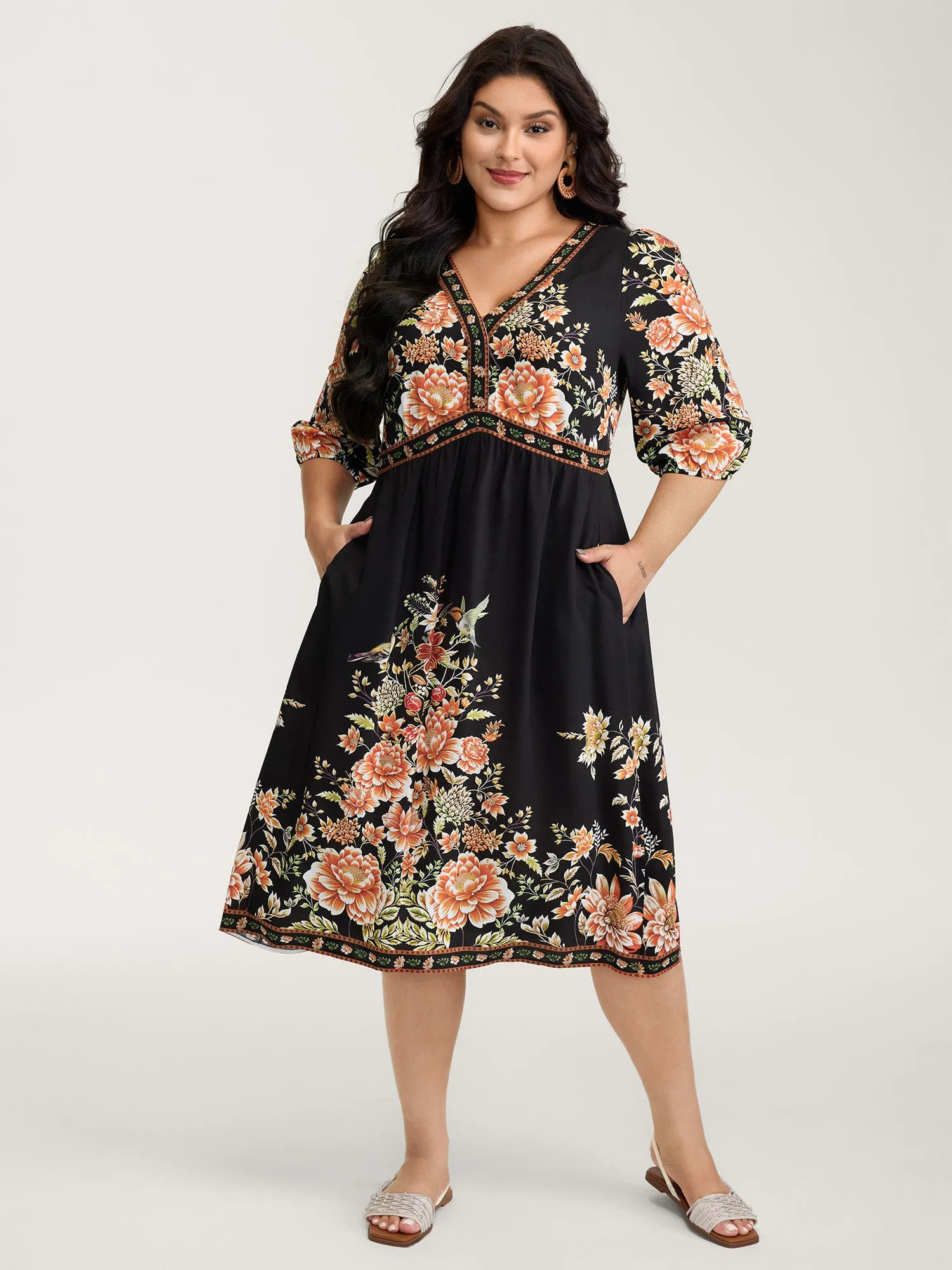 Rayon Floral Print Contrast V-Neck Midi Dress sold by Bloomchic product image thumbnail 3
