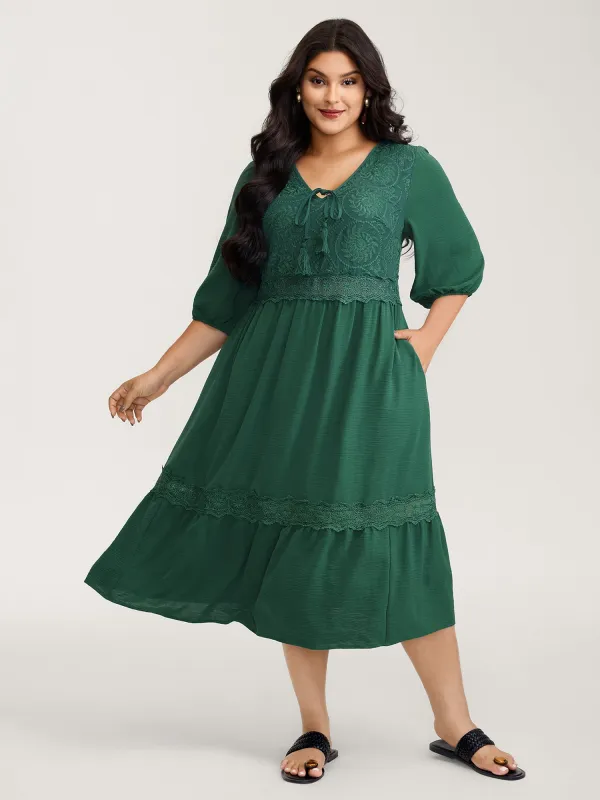 Embroidered Lace Trim Neck Drawstring Maxi Dress sold by Bloomchic