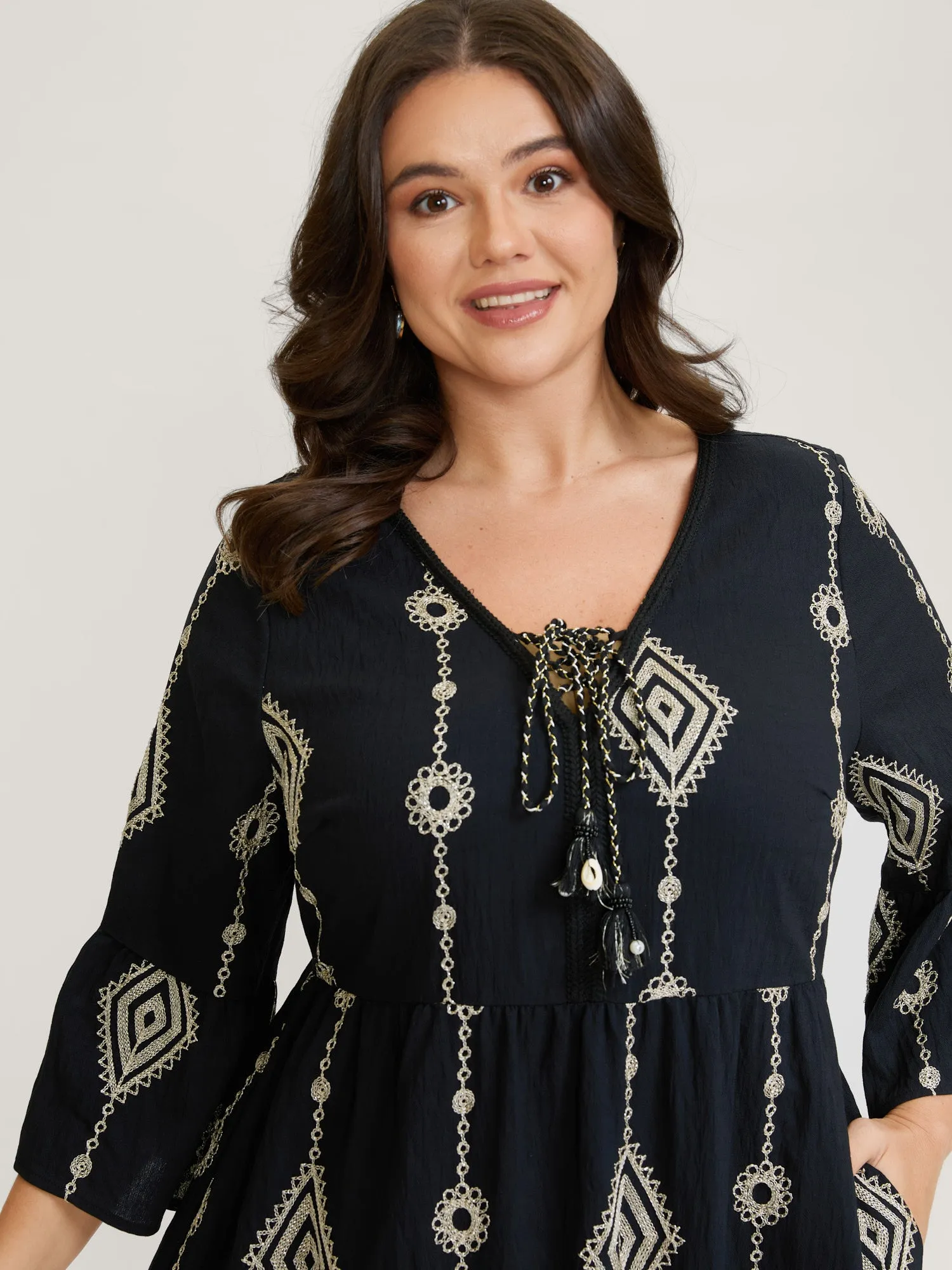 Gold Thread Embroidery Flared Sleeve Midi Dress sold by Bloomchic product image thumbnail 2