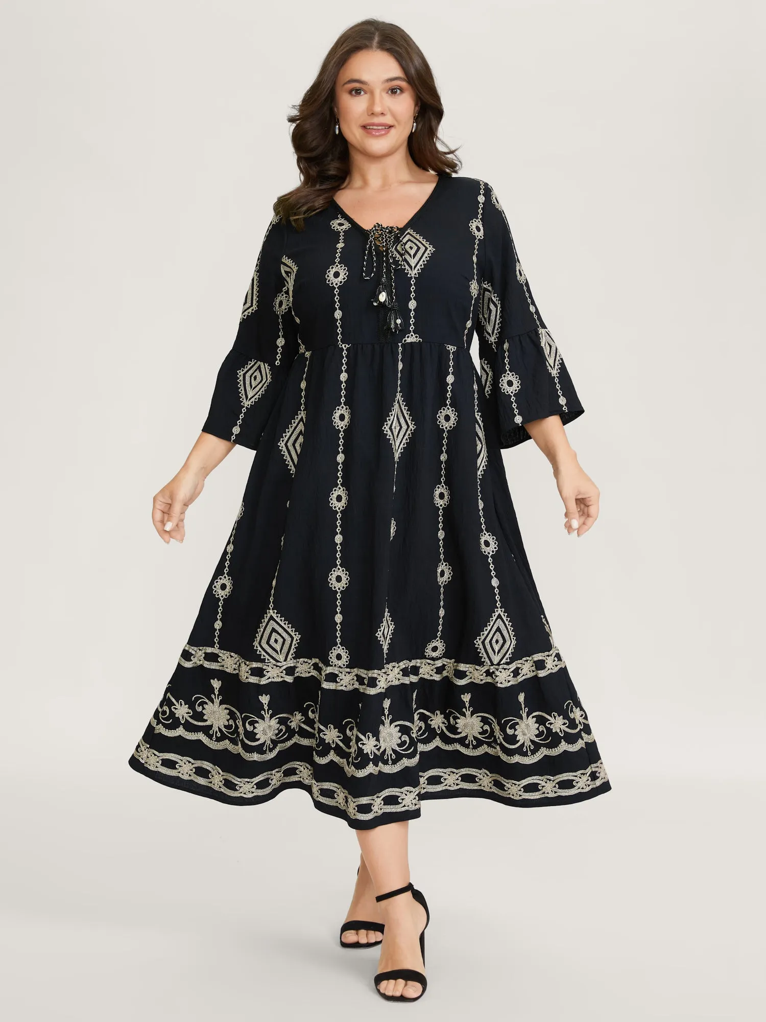 Gold Thread Embroidery Flared Sleeve Midi Dress sold by Bloomchic