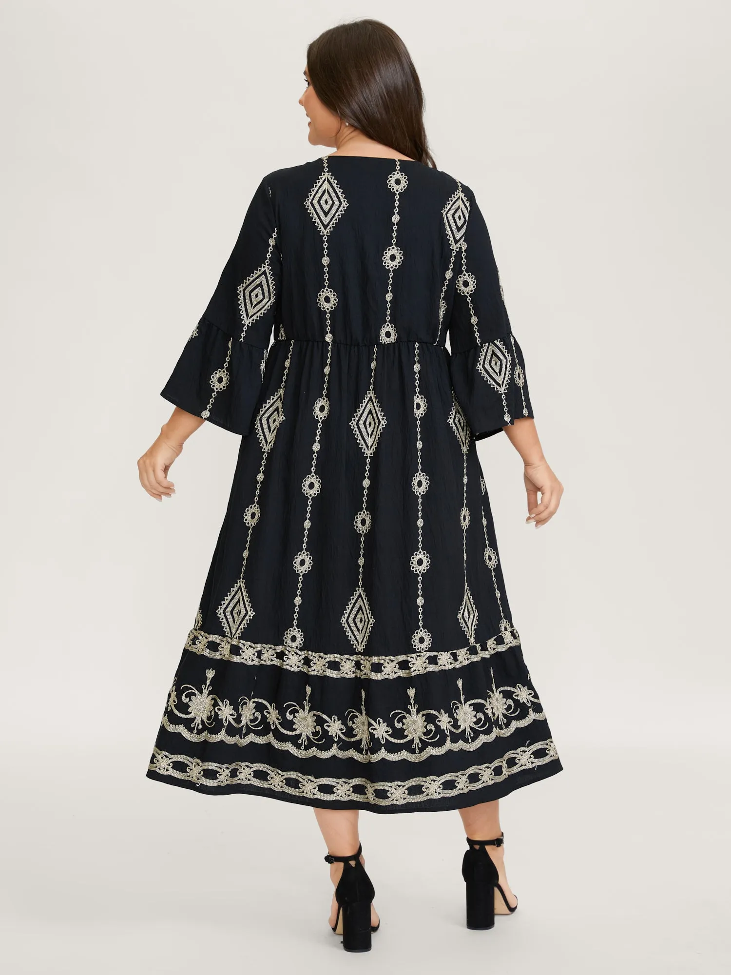 Gold Thread Embroidery Flared Sleeve Midi Dress sold by Bloomchic product image thumbnail 4