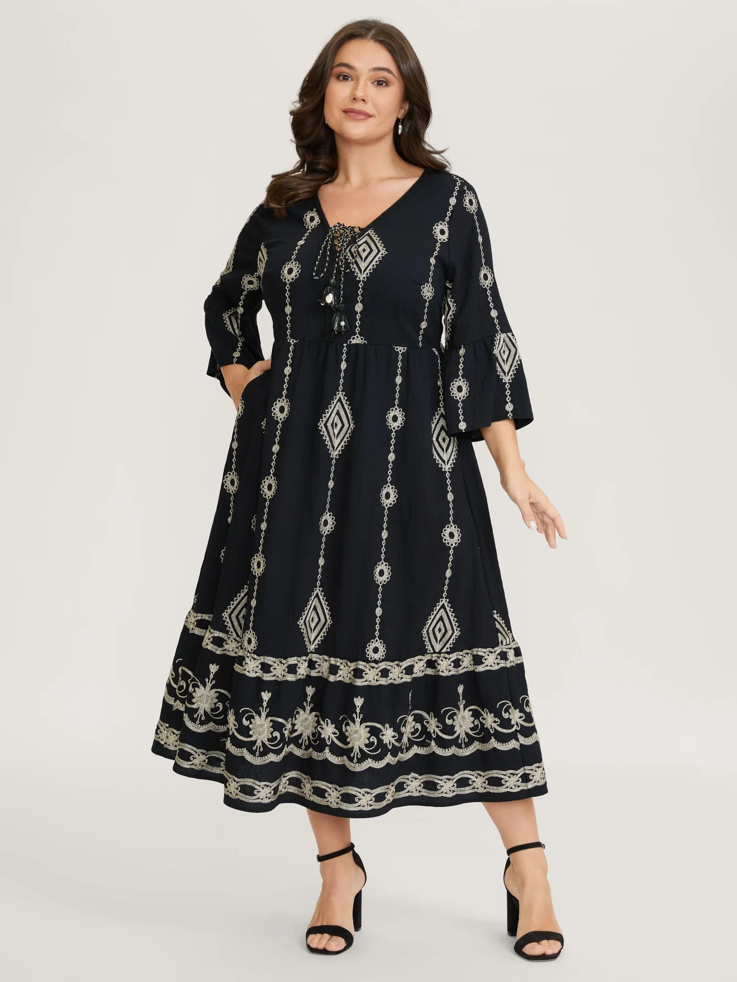 Gold Thread Embroidery Flared Sleeve Midi Dress sold by Bloomchic product image thumbnail 3