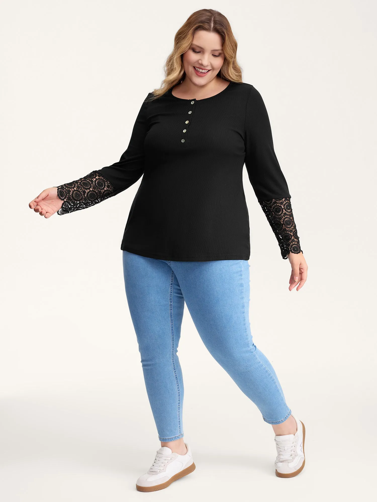 Lace Sleeve Button Placket T-Shirt sold by Bloomchic product image thumbnail 3