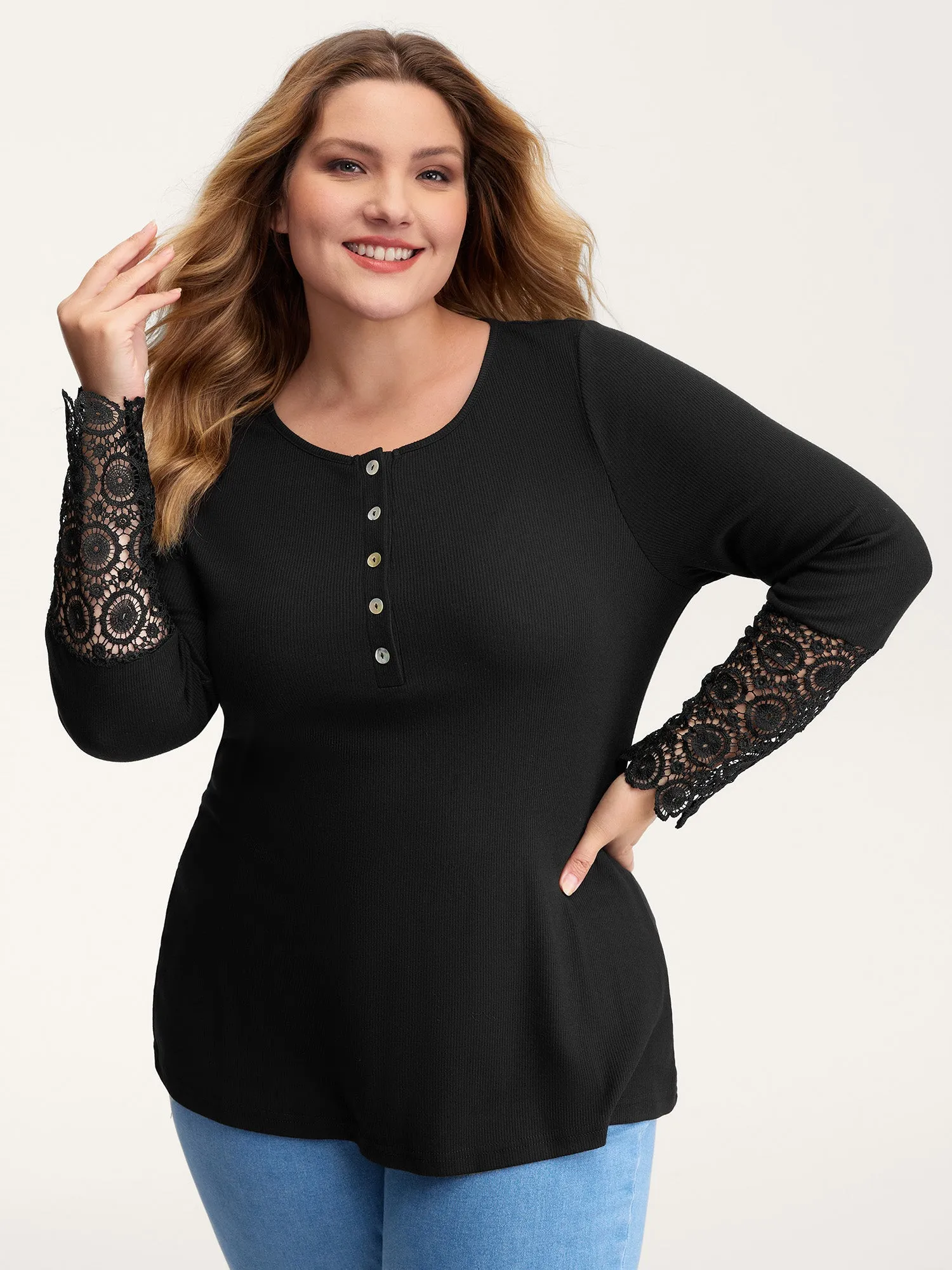 Lace Sleeve Button Placket T-Shirt sold by Bloomchic product image thumbnail 2