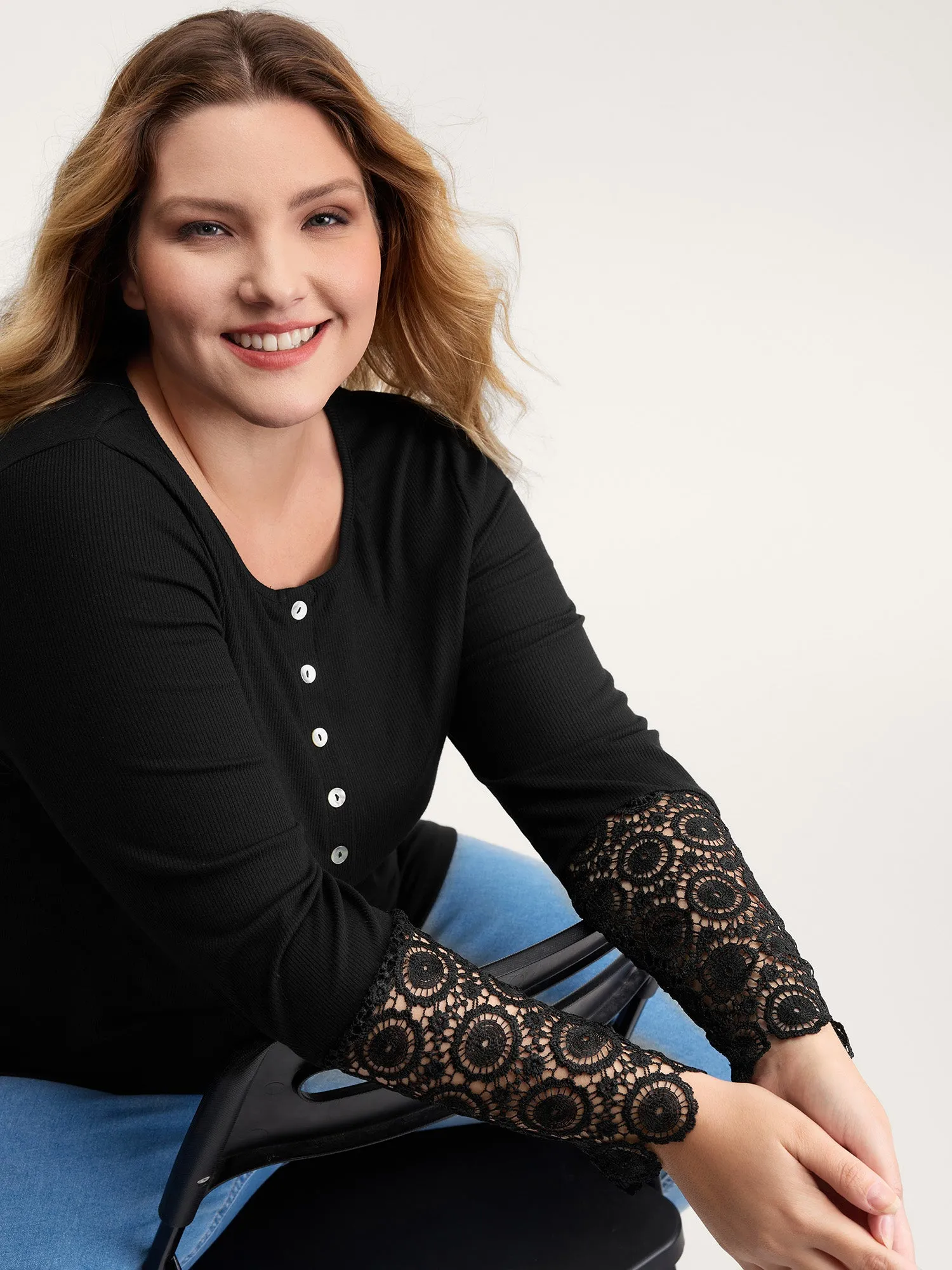 Lace Sleeve Button Placket T-Shirt sold by Bloomchic