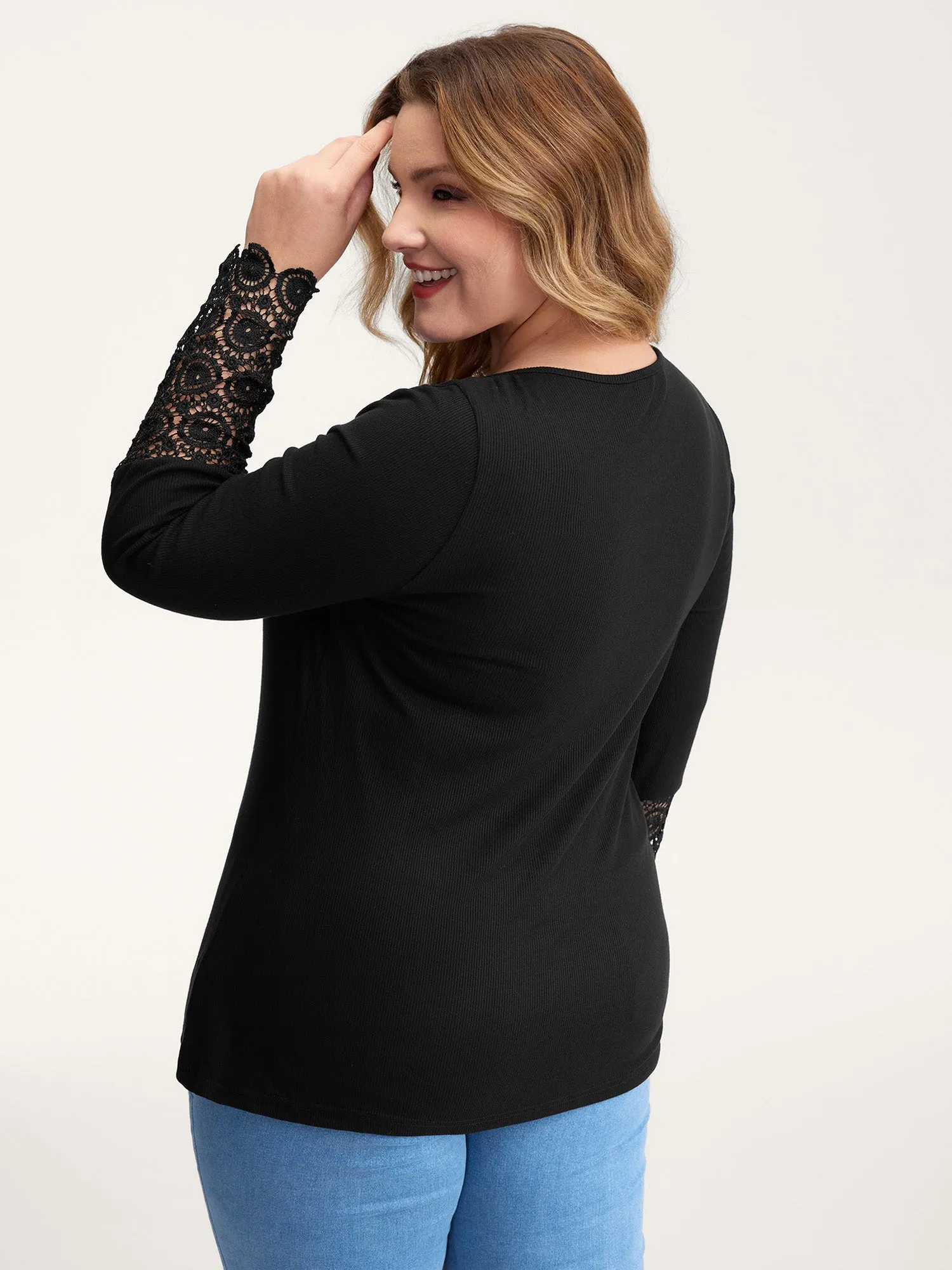 Lace Sleeve Button Placket T-Shirt sold by Bloomchic product image thumbnail 4
