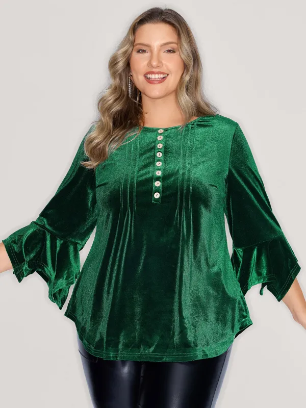 Velvet Pleated Button Neckline Blouse sold by Bloomchic