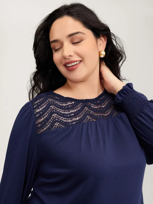 Lace Sheer Neckline Balloon Sleeve Knit Top sold by Bloomchic