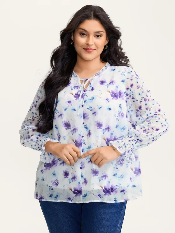 Chiffon Floral Spliced Neckline Tie Blouse sold by Bloomchic