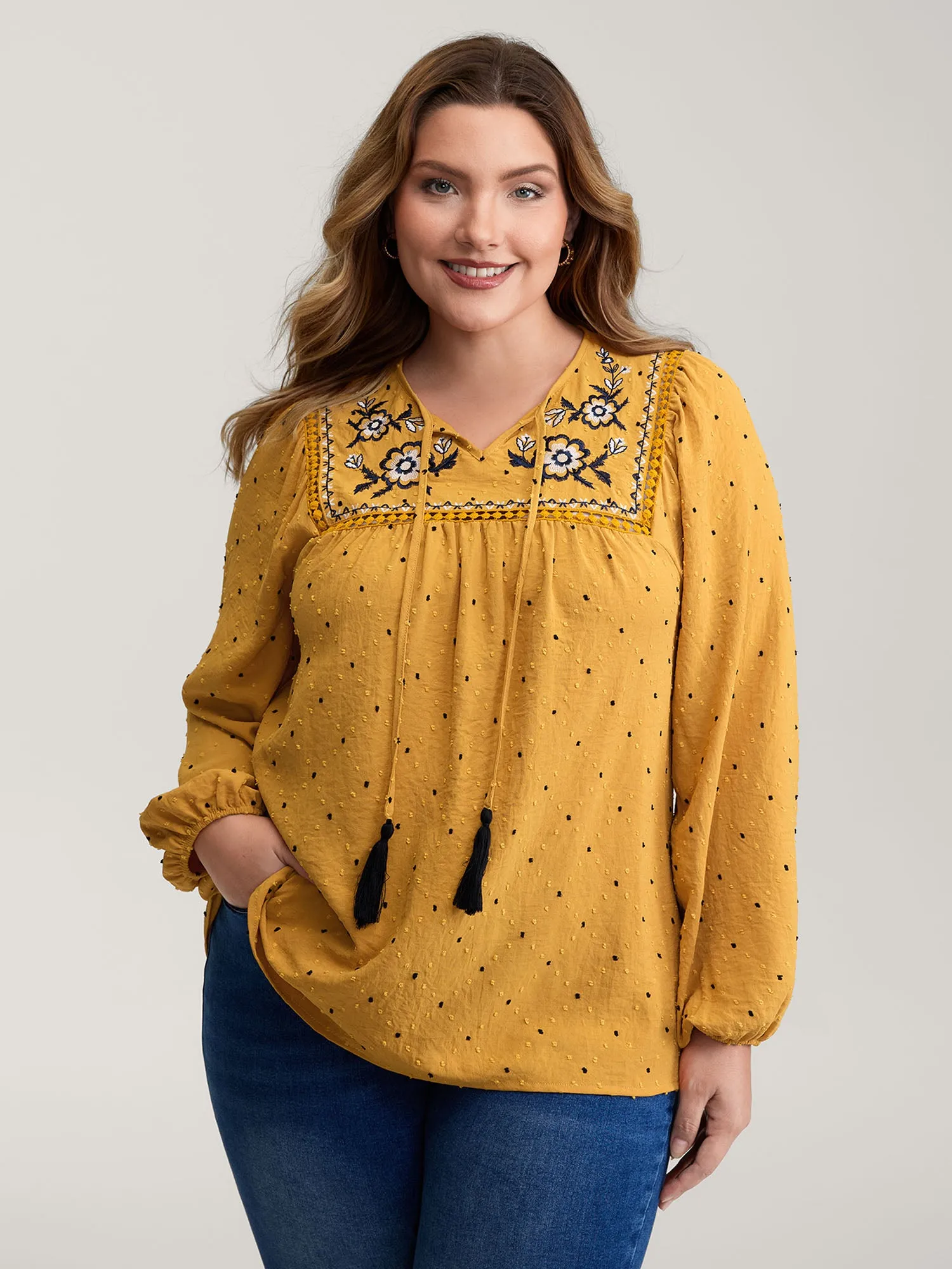 Textured Dot Embroidered Tassel Flowy Blouse sold by Bloomchic product image thumbnail 2