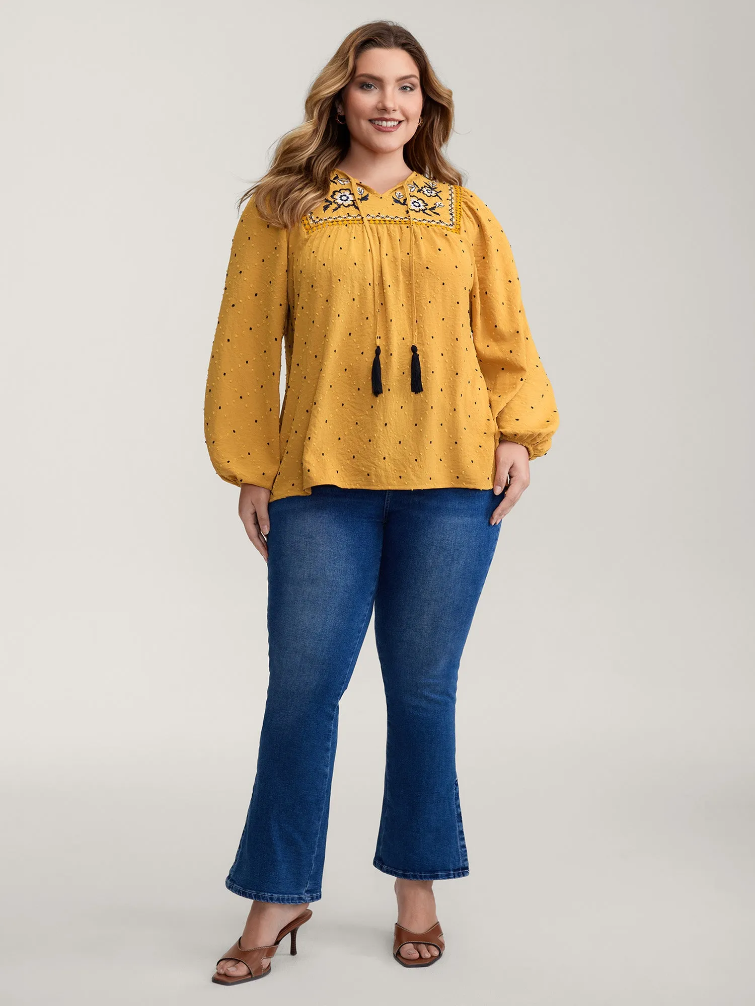 Textured Dot Embroidered Tassel Flowy Blouse sold by Bloomchic product image thumbnail 3