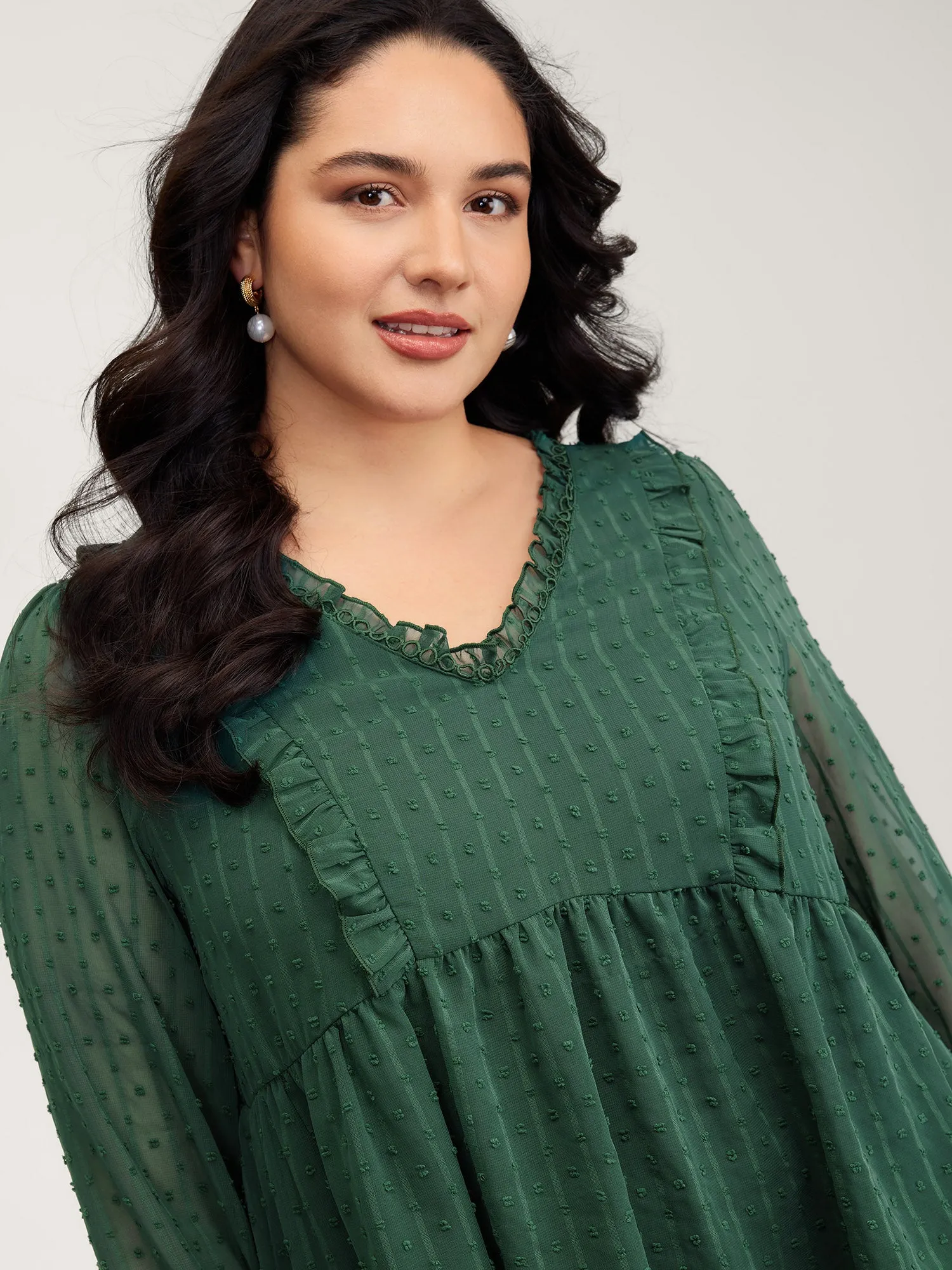 Ruffle Textured Lace Trim Blouse sold by Bloomchic