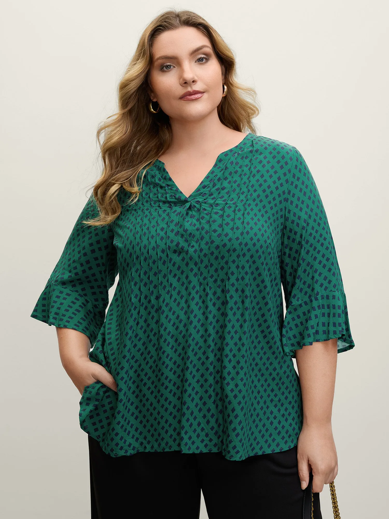 Geometric Print Bust-Ease Split Neck Blouse sold by Bloomchic