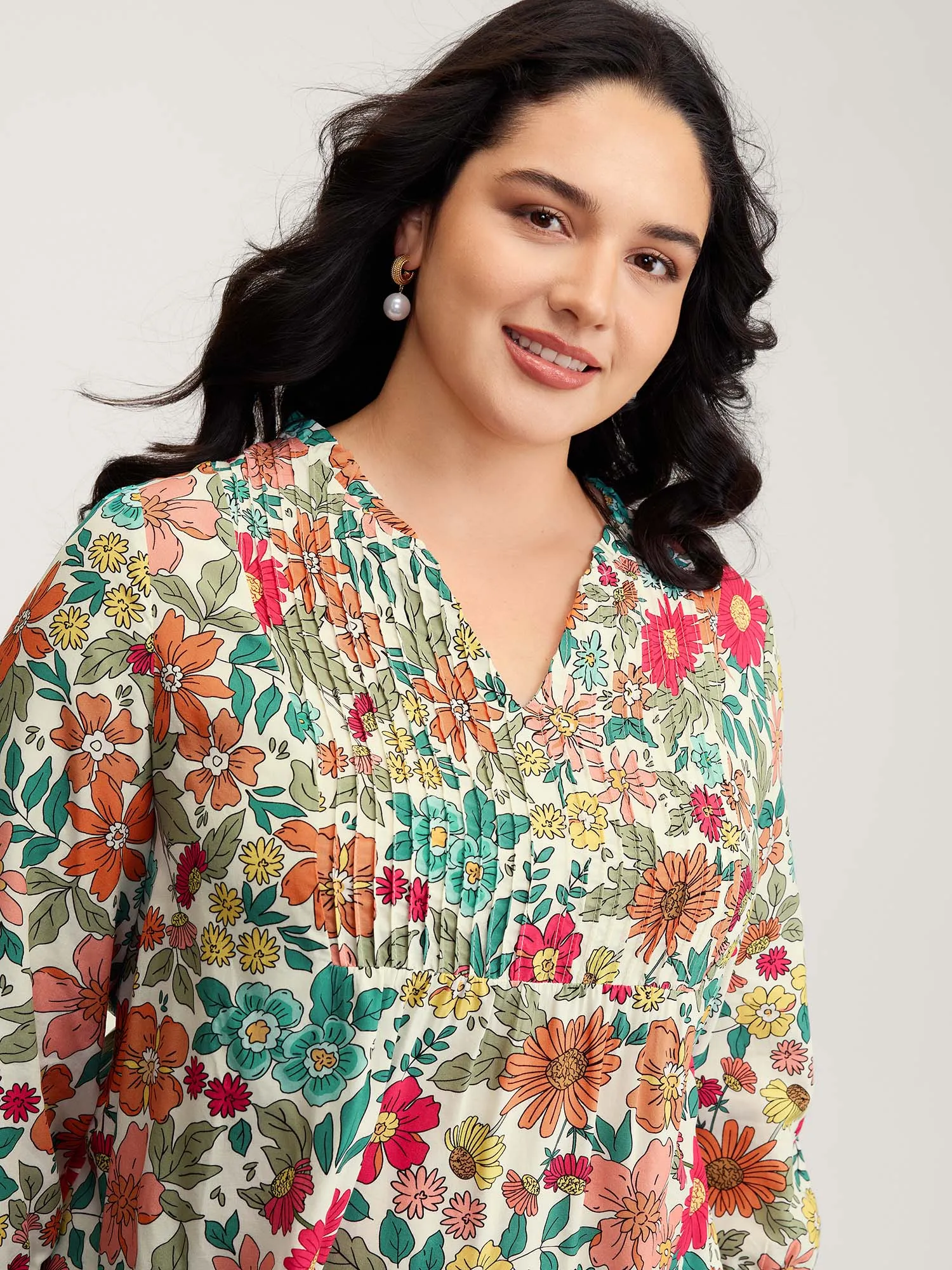 Supersoft Large Floral Print Pleated Neck Blouse sold by Bloomchic