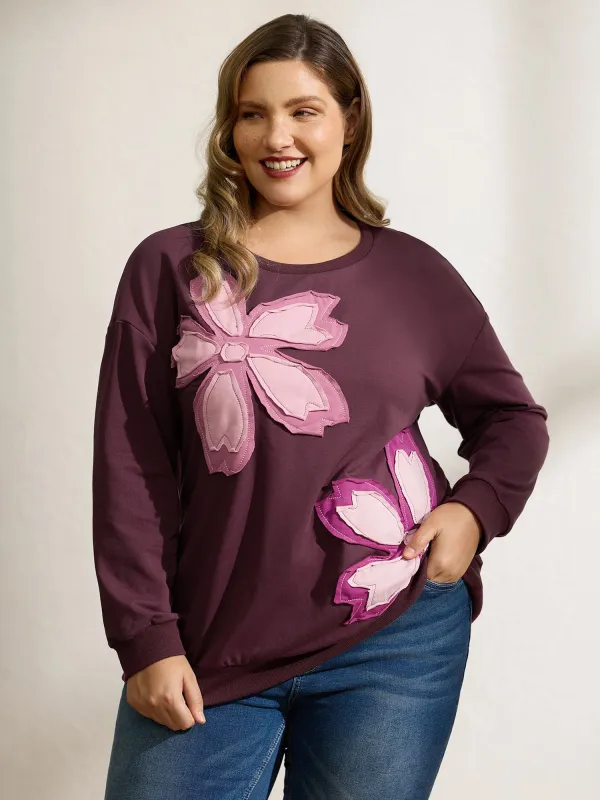 Floral Applique Embroidered Round Neck Sweatshirt sold by Bloomchic