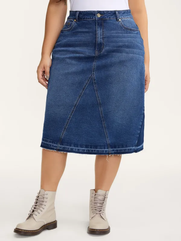 Frayed No Slit Seamed Shadow Wash Denim Skirt sold by Bloomchic
