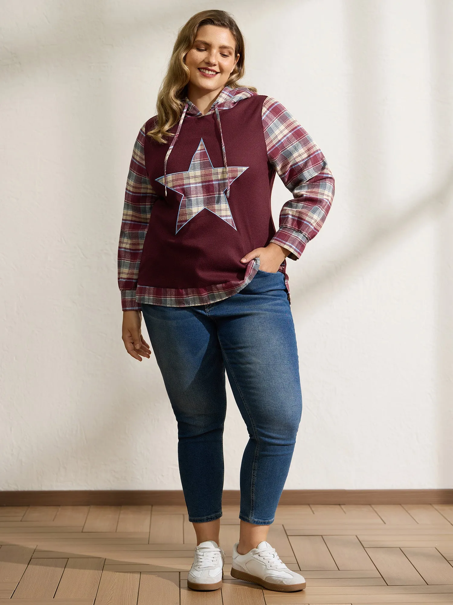 Plaid Star Applique Embroidery Hoodie sold by Bloomchic product image thumbnail 3