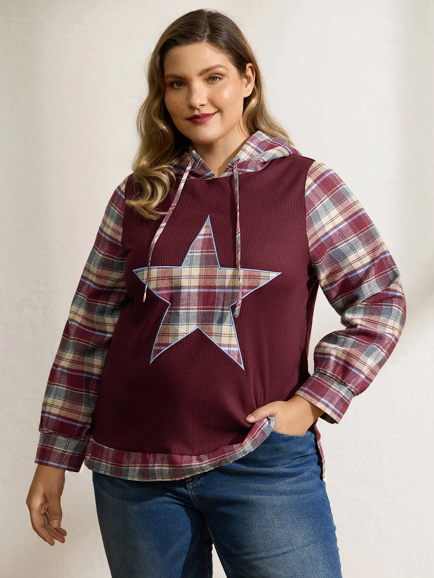Plaid Star Applique Embroidery Hoodie sold by Bloomchic