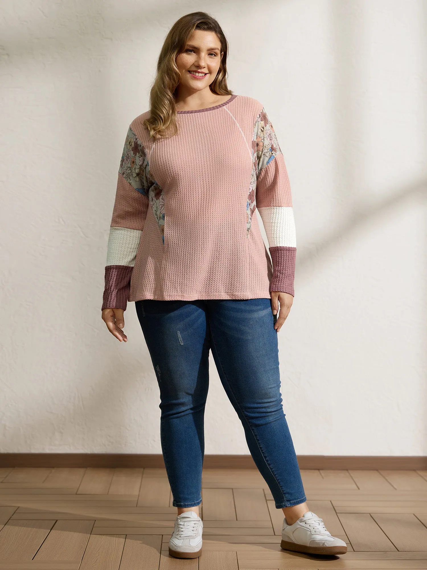 Floral Colorblock Waffle Round Neck Sweatshirt sold by Bloomchic product image thumbnail 3