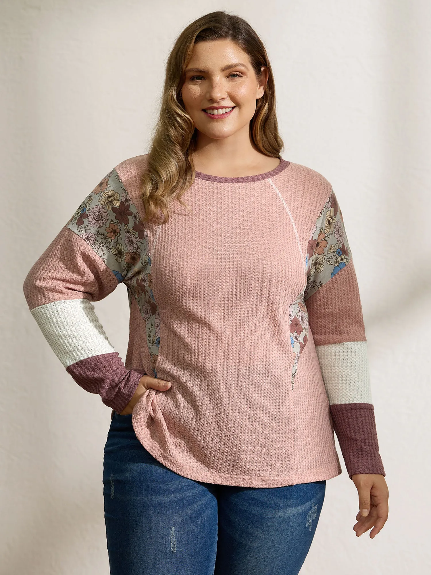 Floral Colorblock Waffle Round Neck Sweatshirt sold by Bloomchic