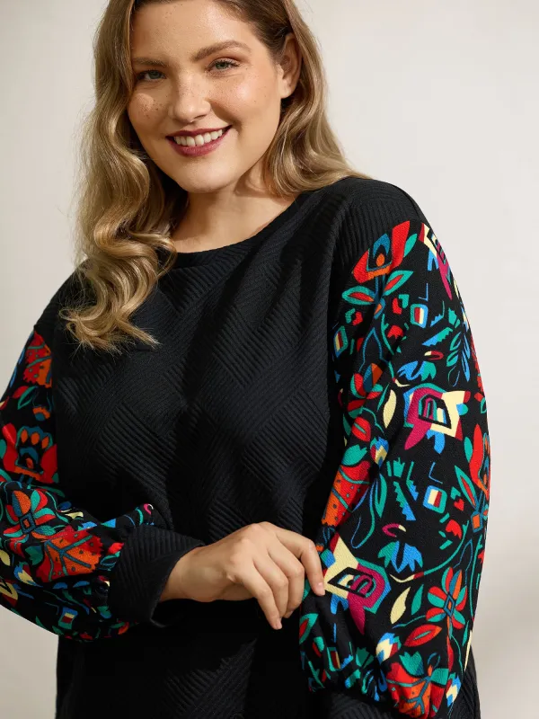 Floral Sleeve Drop Shoulder Textured Sweatshirt sold by Bloomchic