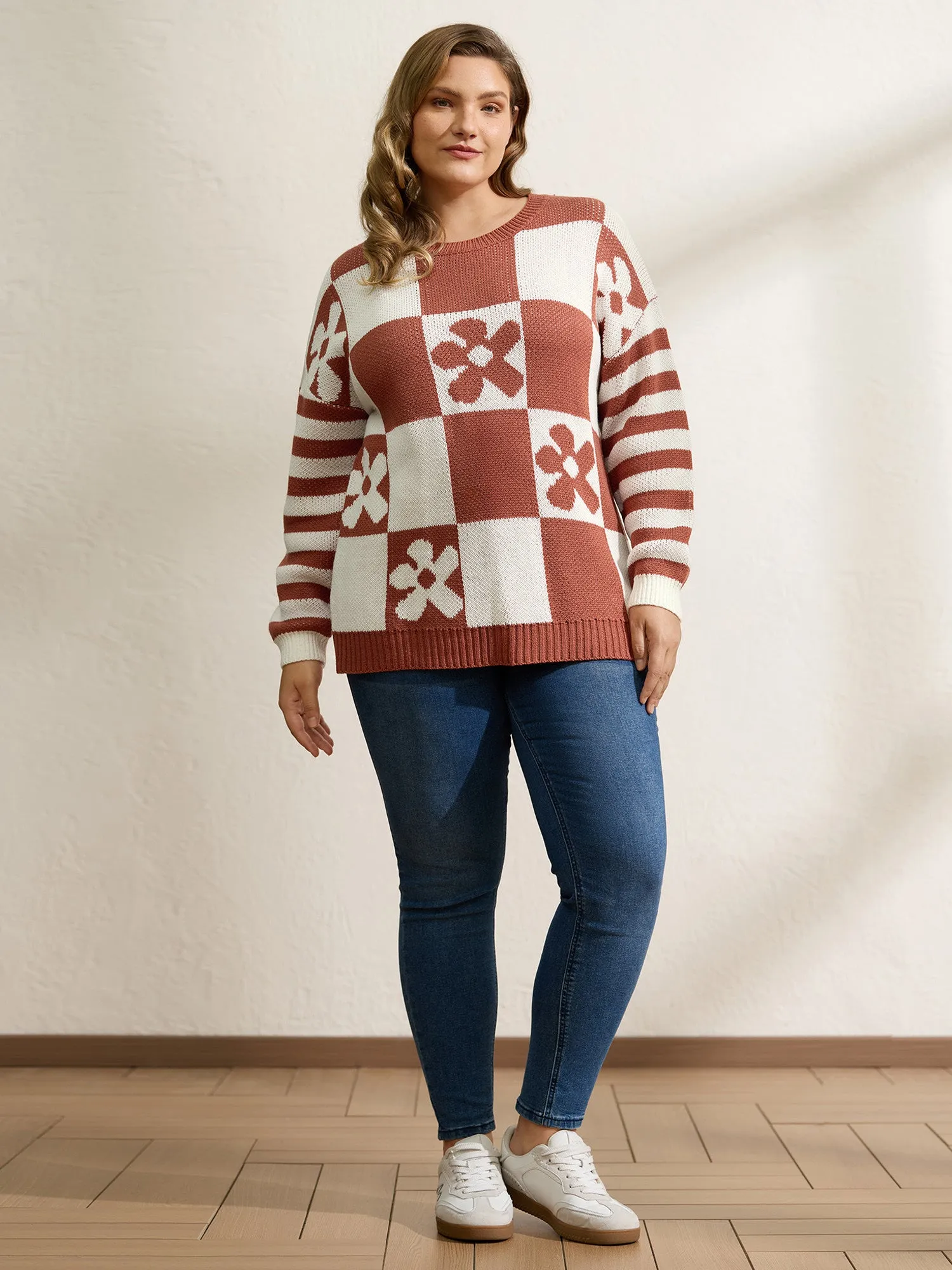 Checkered Floral Stripe Sleeve Jacquard Pullover sold by Bloomchic product image thumbnail 3
