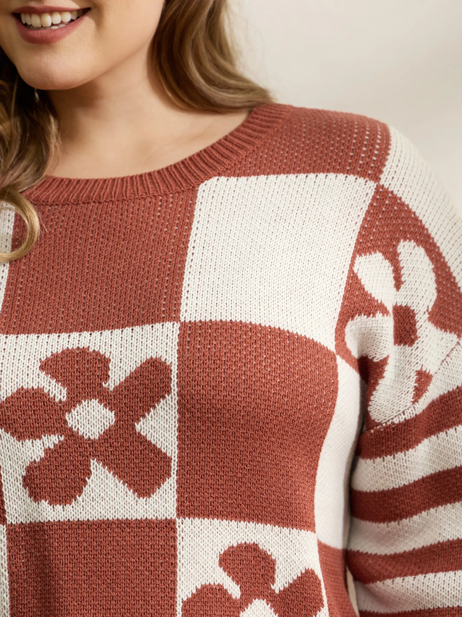 Checkered Floral Stripe Sleeve Jacquard Pullover sold by Bloomchic product image thumbnail 2