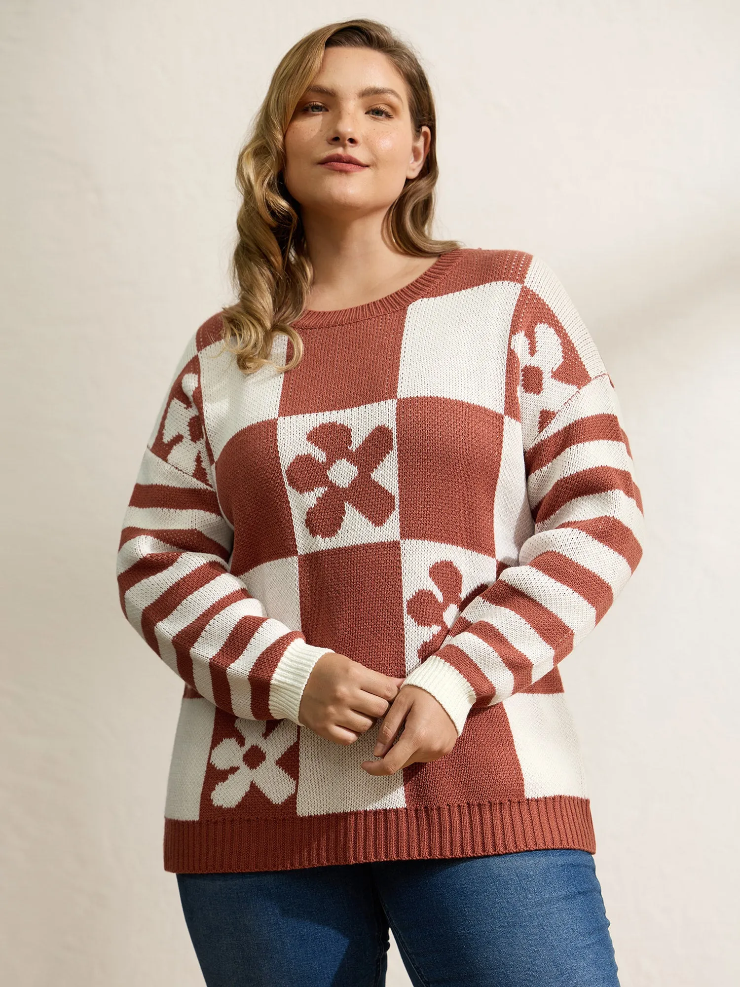 Checkered Floral Stripe Sleeve Jacquard Pullover sold by Bloomchic