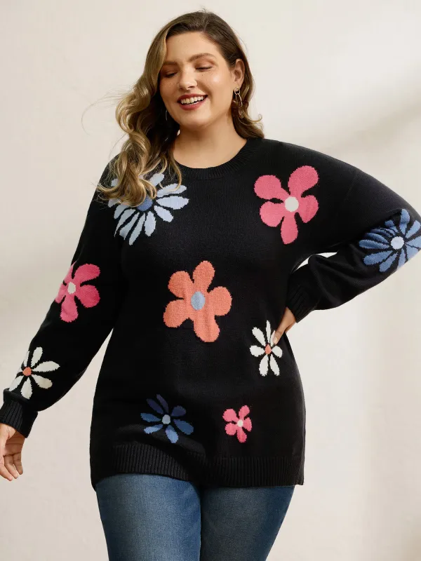 Large Flower Jacquard Pattern Pullover sold by Bloomchic