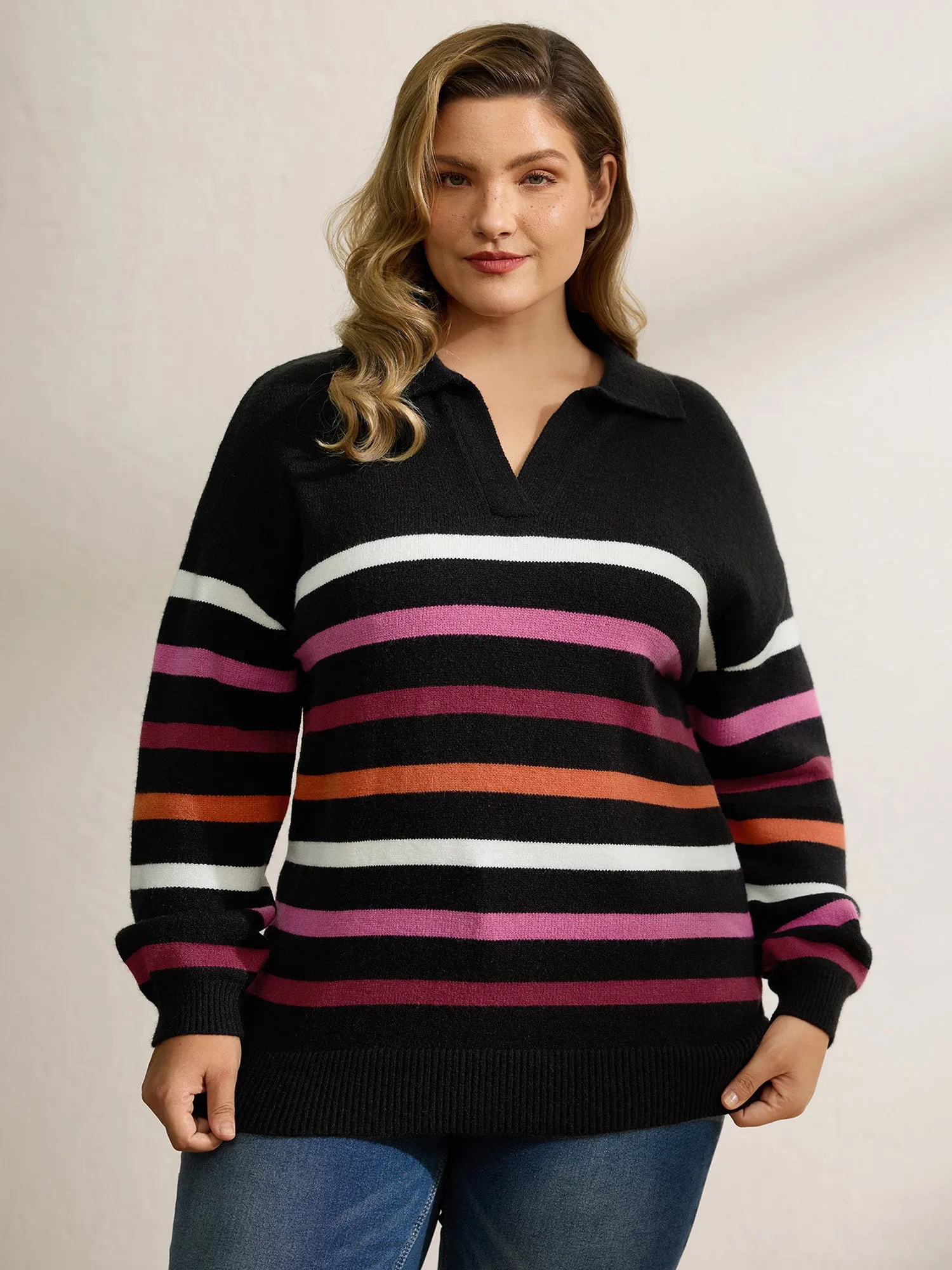 Supersoft Polo Collar Colorful Stripes Pullover sold by Bloomchic