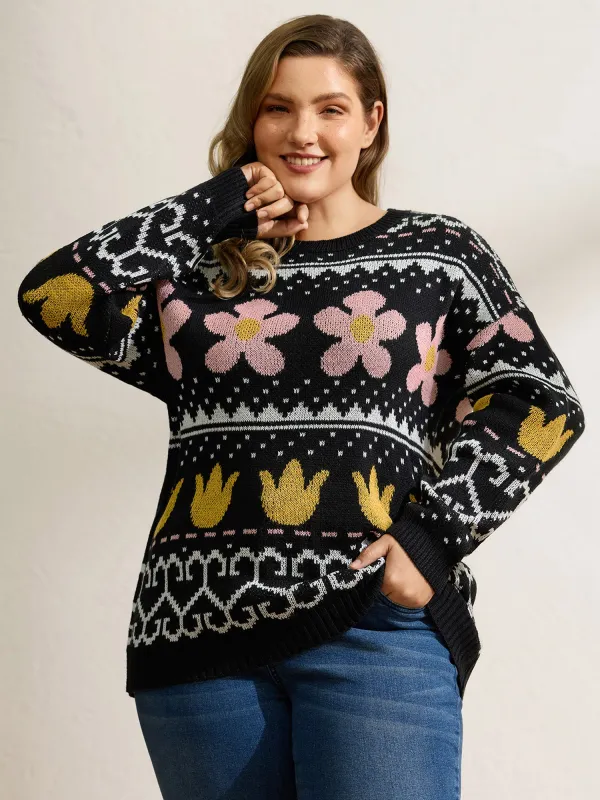 Jacquard Floral Garden Pattern Pullover sold by Bloomchic
