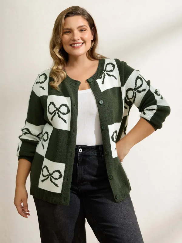 Checkered Bowknot Contrast Knit Cardigan sold by Bloomchic