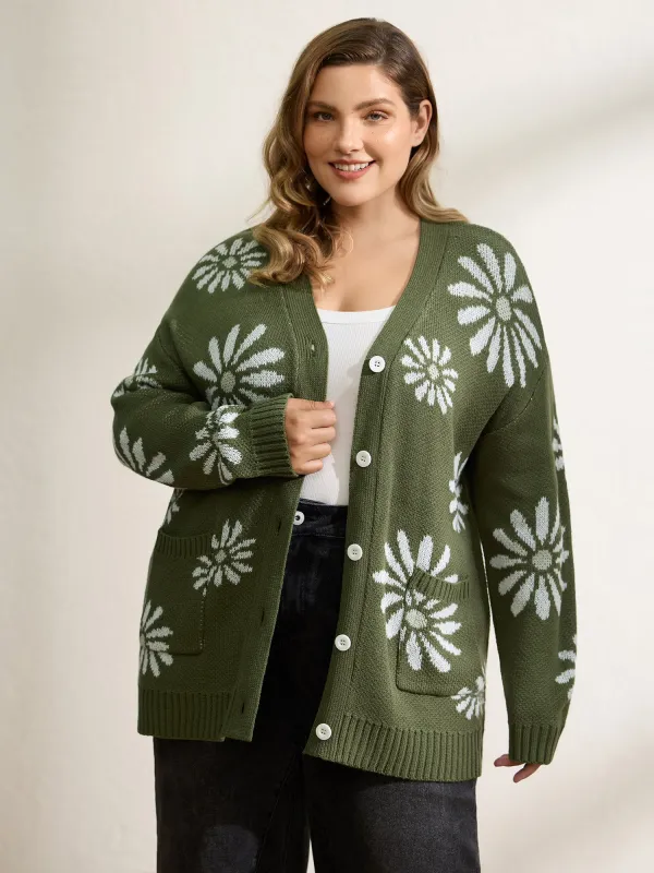 Floral Jacquard Button Pockets Knit Cardigan sold by Bloomchic