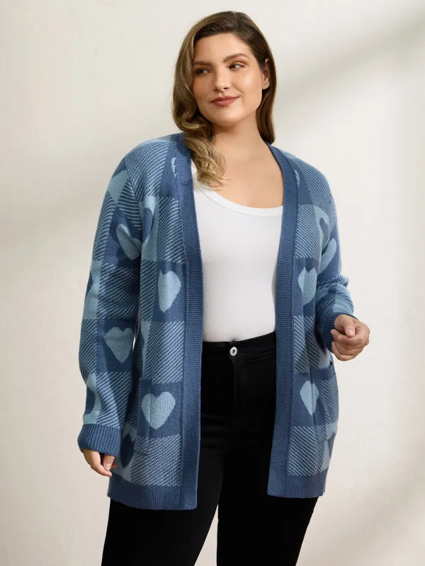 Checkered Hearts Jacquard Pockets Knit Cardigan sold by Bloomchic