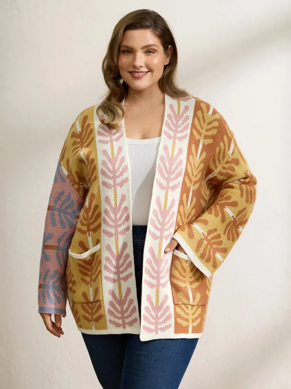 Leaf Jacquard Print Contrast Knit Cardigan sold by Bloomchic