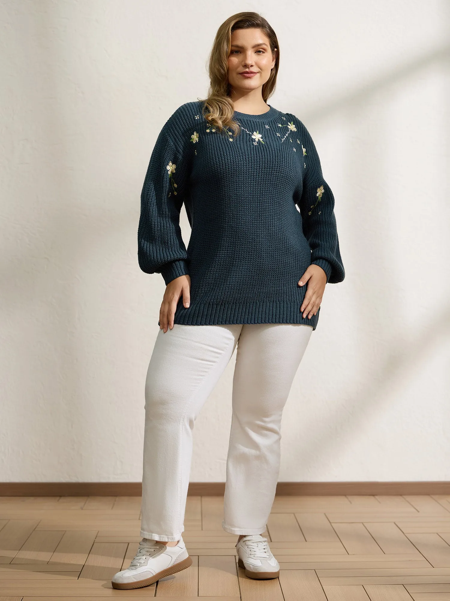 Floral Embroidery Textured Relaxed-Fit Pullover sold by Bloomchic product image thumbnail 3