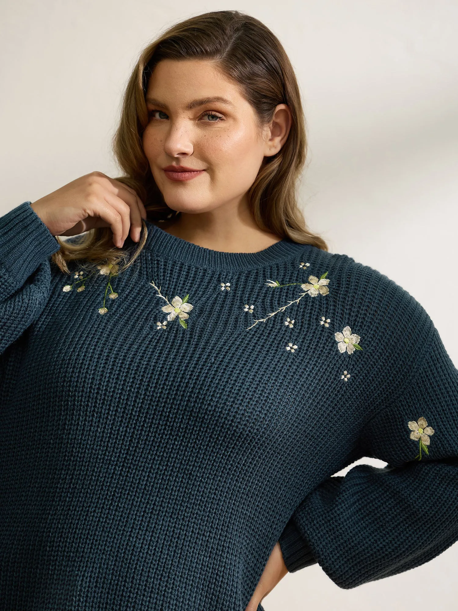 Floral Embroidery Textured Relaxed-Fit Pullover sold by Bloomchic product image thumbnail 2