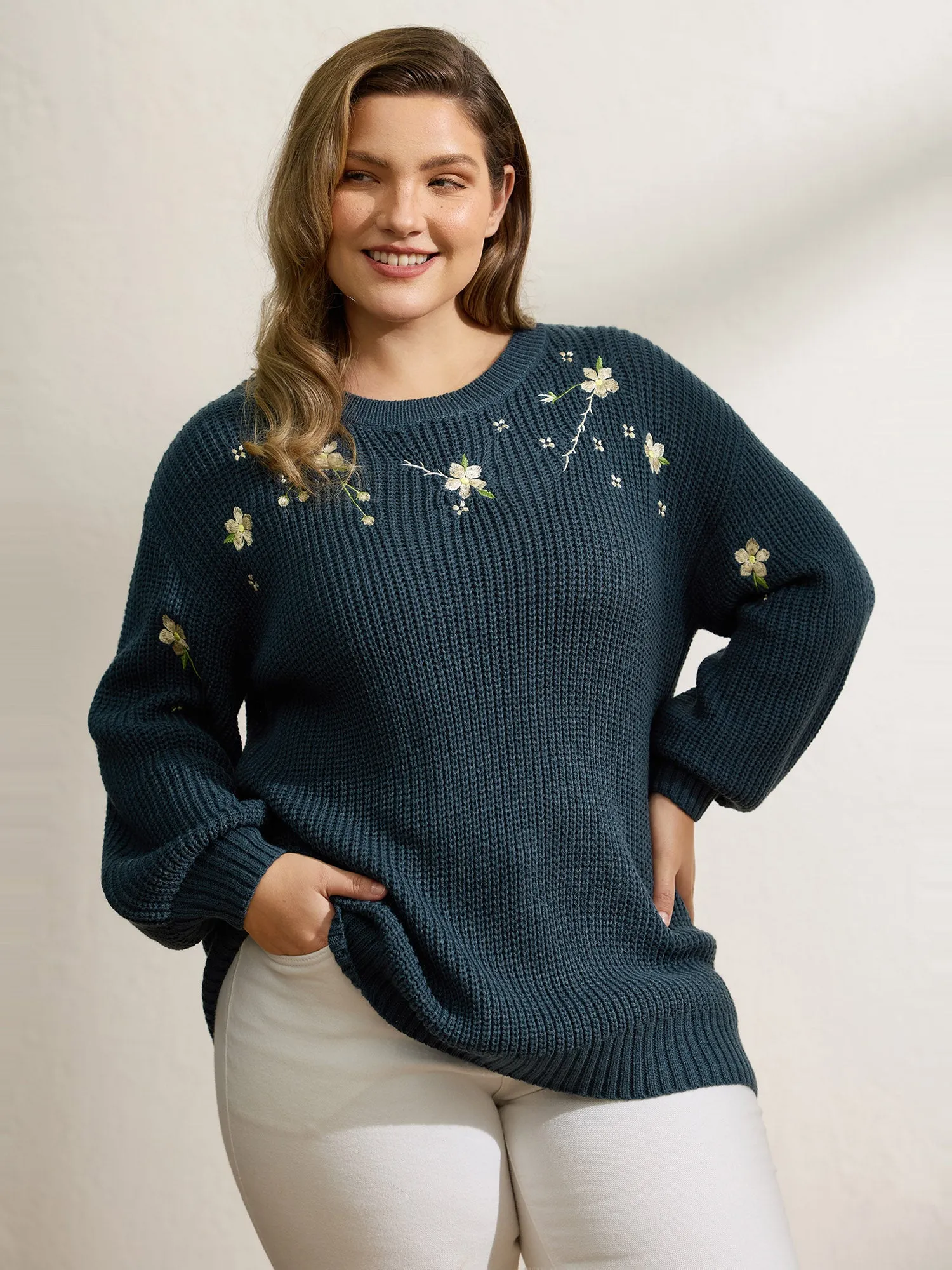 Floral Embroidery Textured Relaxed-Fit Pullover sold by Bloomchic
