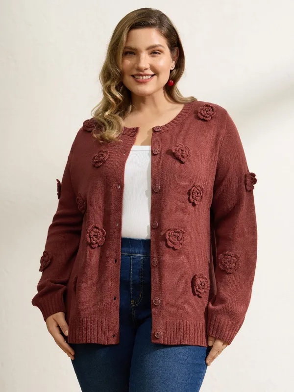 3D Floral Pattern Round Neck Knit Cardigan sold by Bloomchic