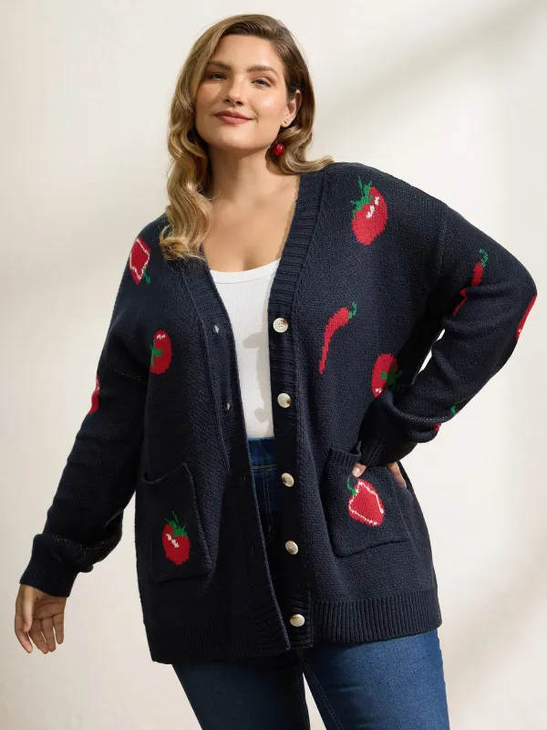 Tomato Chili Print Button Knit Cardigan sold by Bloomchic