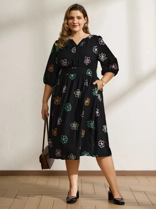 Colorful Embroidered Waist-Defining Midi Dress sold by Bloomchic