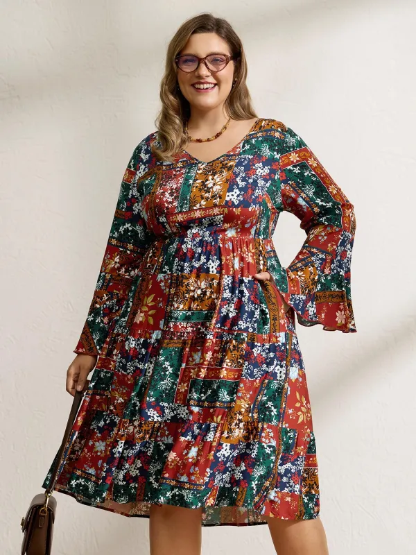 Floral Collage Print Deep V-Neck Midi Dress sold by Bloomchic