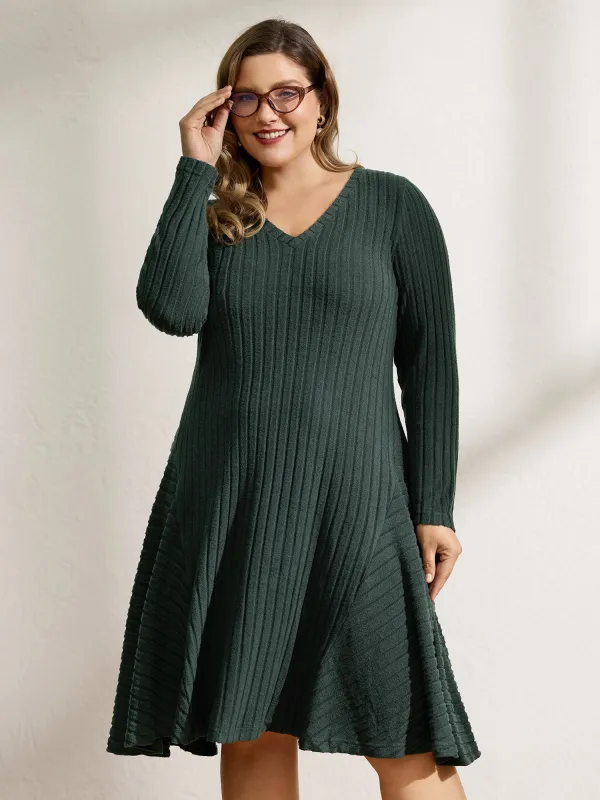 Ribbed Fleece V-Neck Knit Midi Dress sold by Bloomchic