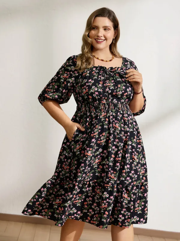Floral Shirred Waist Neck-Tie Midi Dress sold by Bloomchic