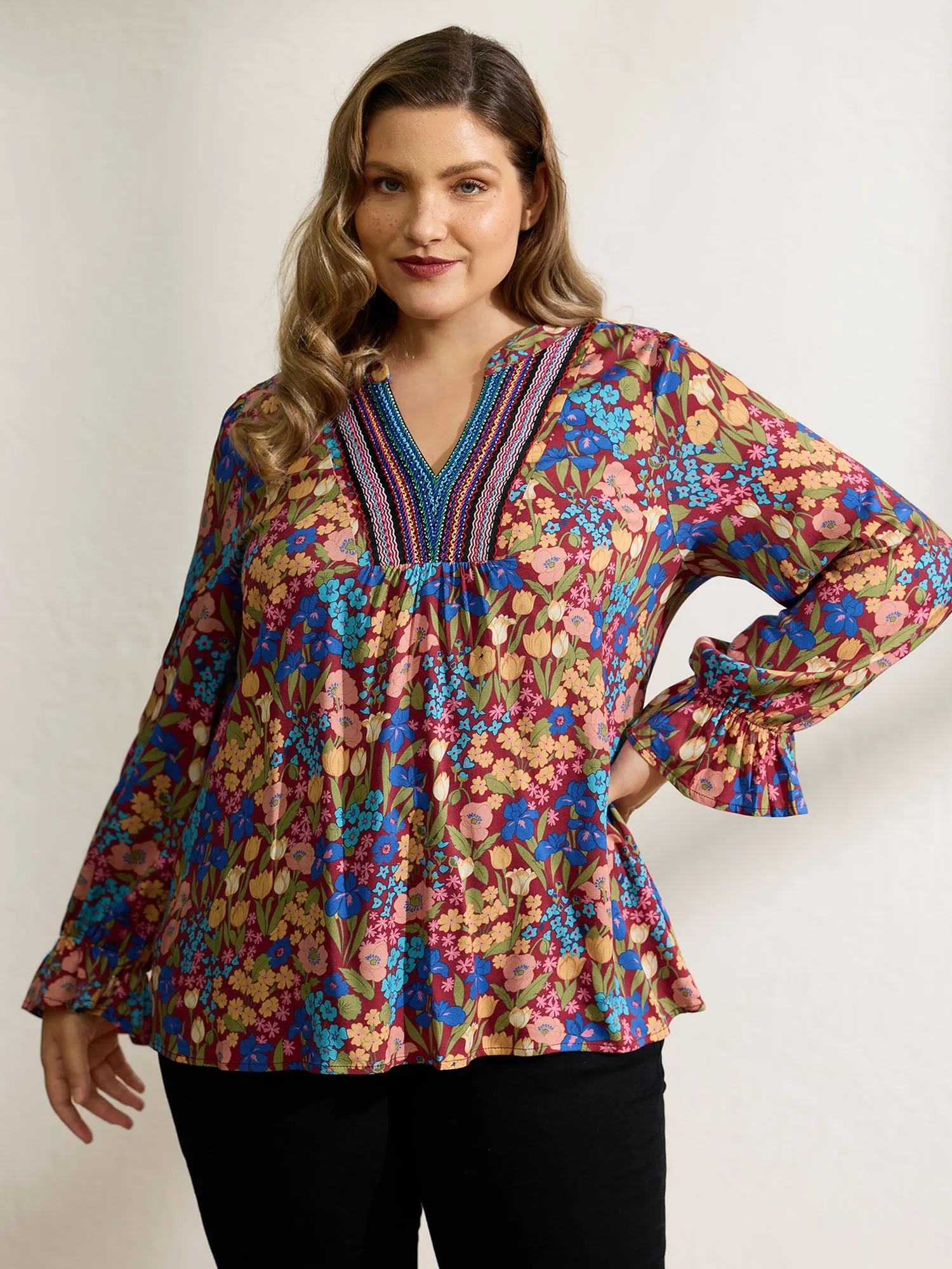 Floral Print Contrast Webbing Notched Neckline Blouse sold by Bloomchic