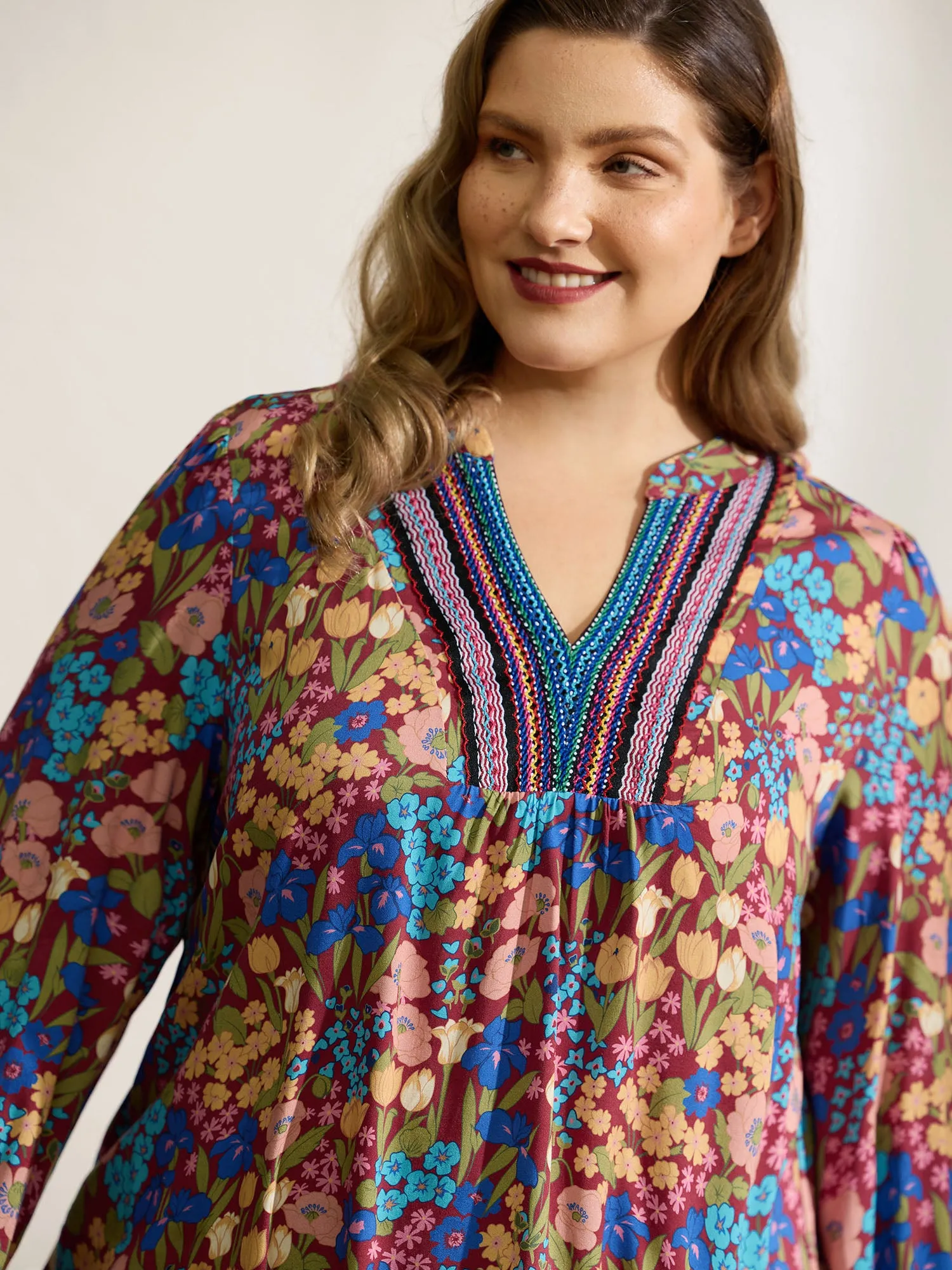 Floral Print Contrast Webbing Notched Neckline Blouse sold by Bloomchic product image thumbnail 2