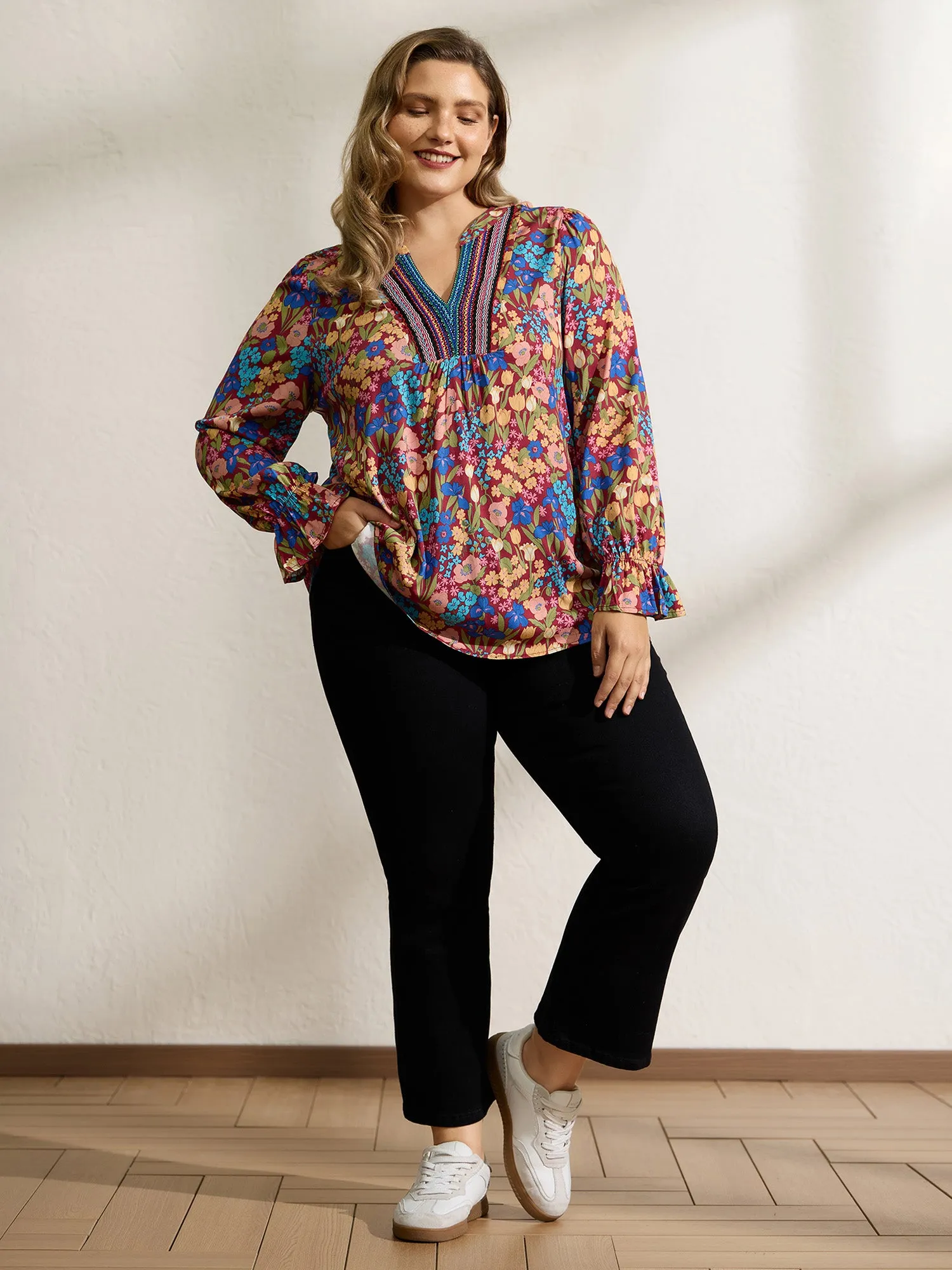 Floral Print Contrast Webbing Notched Neckline Blouse sold by Bloomchic product image thumbnail 3