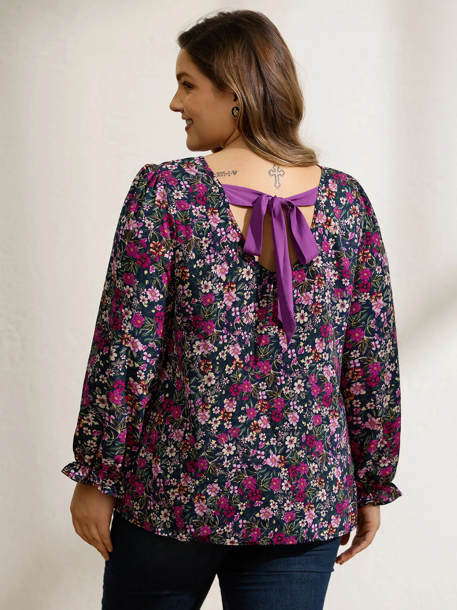 Floral Print Back Bowknot Blouse sold by Bloomchic product image thumbnail 4